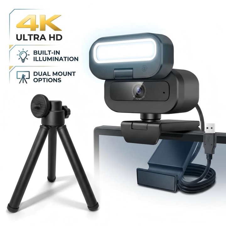 4K Ultra HD webkamera, Xiusaqio, beépített LED fénnyel, autofókusszal, 360°-os forgatással, állvánnyal, mikrofonnal, Plug & Play, konferenciákhoz és streaminghez, fekete