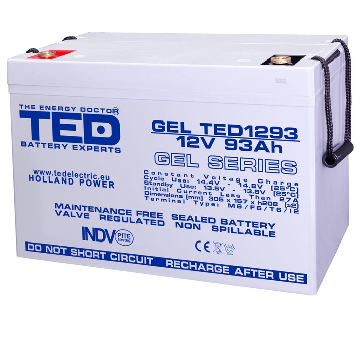 Baterie Reincarcabila GEL Deep Cycle Solar 12V 93Ah M8 VRLA, Dimensiuni 305x167x208 mm, TED Electric TED1293, pentru Sisteme Solare, UPS, Telecomunicatii, Echipamente Industriale
