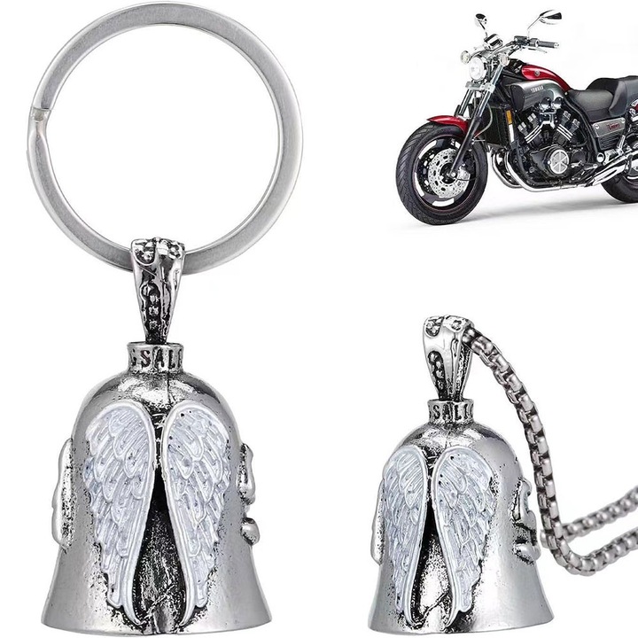 Clopotel Moto Guardian Bell，Garsonal®, Design Aripi de Inger, Accesoriu norocos pentru o calatorie sigura cu biciclet, cu lant, Argintiu