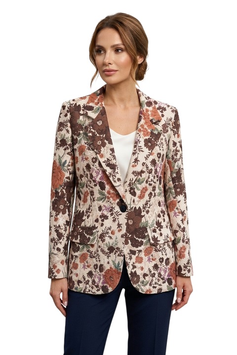 Sacou dama elegant imprimeu floral maro jacquard, L/XL