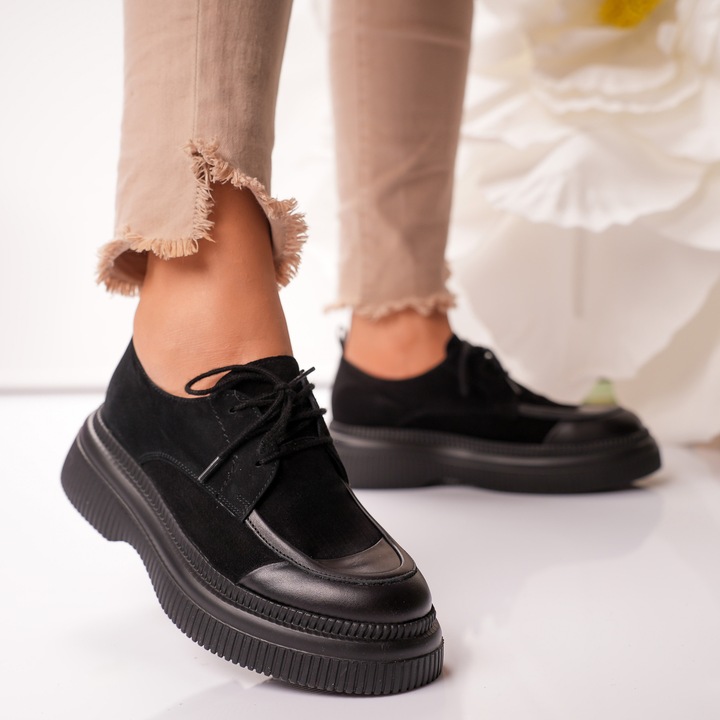 Pantofi casual dama negru cu platforma – design modern, talpa groasa 5 cm, piele naturala intoarsa