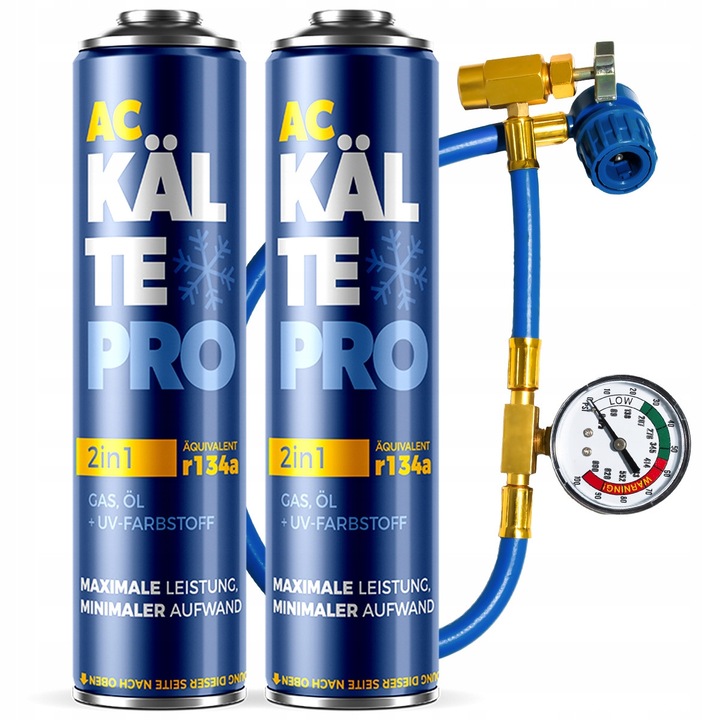 2x Autóklíma Utántöltő Készlet, Kaltepro, 2in1 R134a, Gáz és Olaj Kompresszorhoz, Nyomásmérővel ellátott tömlővel, Gyors Felújítás, Védi a Rendszert, 1995-2016-os Autókhoz, Magas Hatékonyság, Biztonságos Megoldás, 2x 500 ml, 2x 290 g