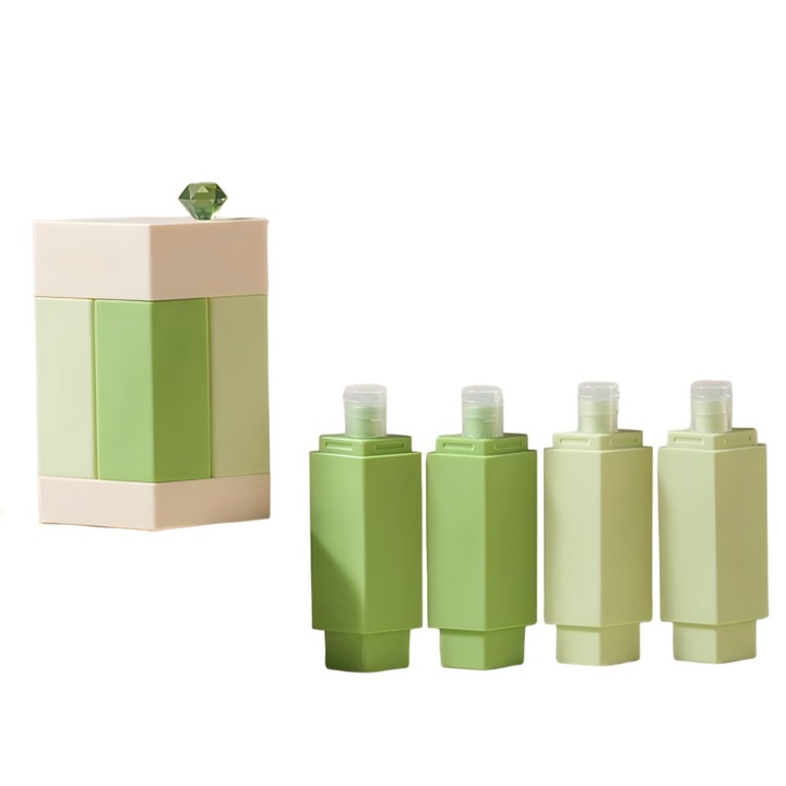 OLOEY® Set 4 in 1 Sticle de Calatorie Modulare – Recipiente Independente care se Asambleaza intr-un Singur Bloc, Anti-Scurgeri din Silicon pentru Sampon, Lotion, Gel de Dus si Balsam, verde