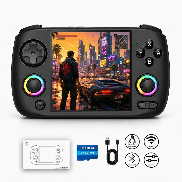 Consola Jocuri Portabila Anbernic RG CubeXX, WiFi & Bluetooth, Prodys, Conectare la TV, 64 GB, H700 quad-core ARM Cortex-A53, Peste 30 Emulatoare, Retro