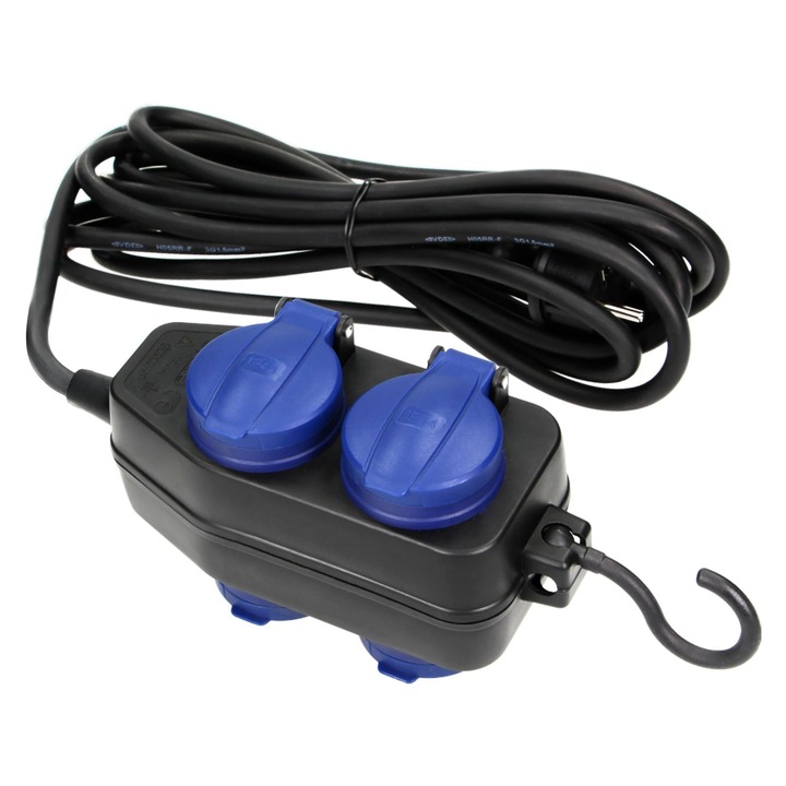 ORNO Szakmai Hosszabbító, 4 db Schuko csatlakozóval fedéllel 2P+E, IP44, H05RR-F 3x1.5mm² gumikábeles, akasztóval, 10m, 3680W, fekete/kék