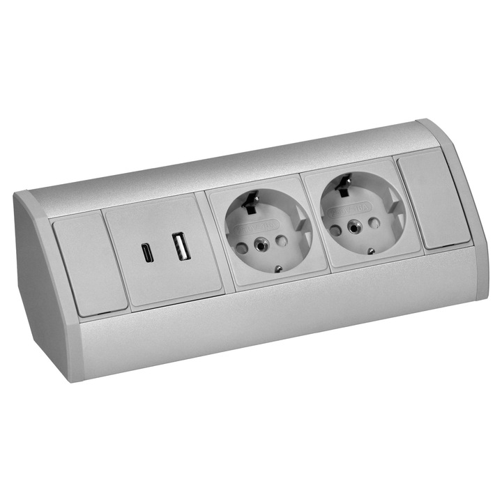 Dugaszolóaljzat 2x2P+Z (Schuko), 2xUSB (A+C típus, 2, 4A), ORNO, szürke-ezüst
