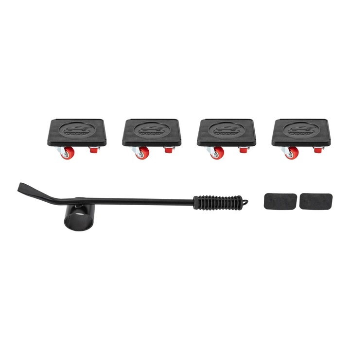Set transport mobila, 4 placute glisante cu levier, forma patrata, placuta 10, 5×10 cm, levier 37×2, 5 cm, material PVC/PP/otel, negru