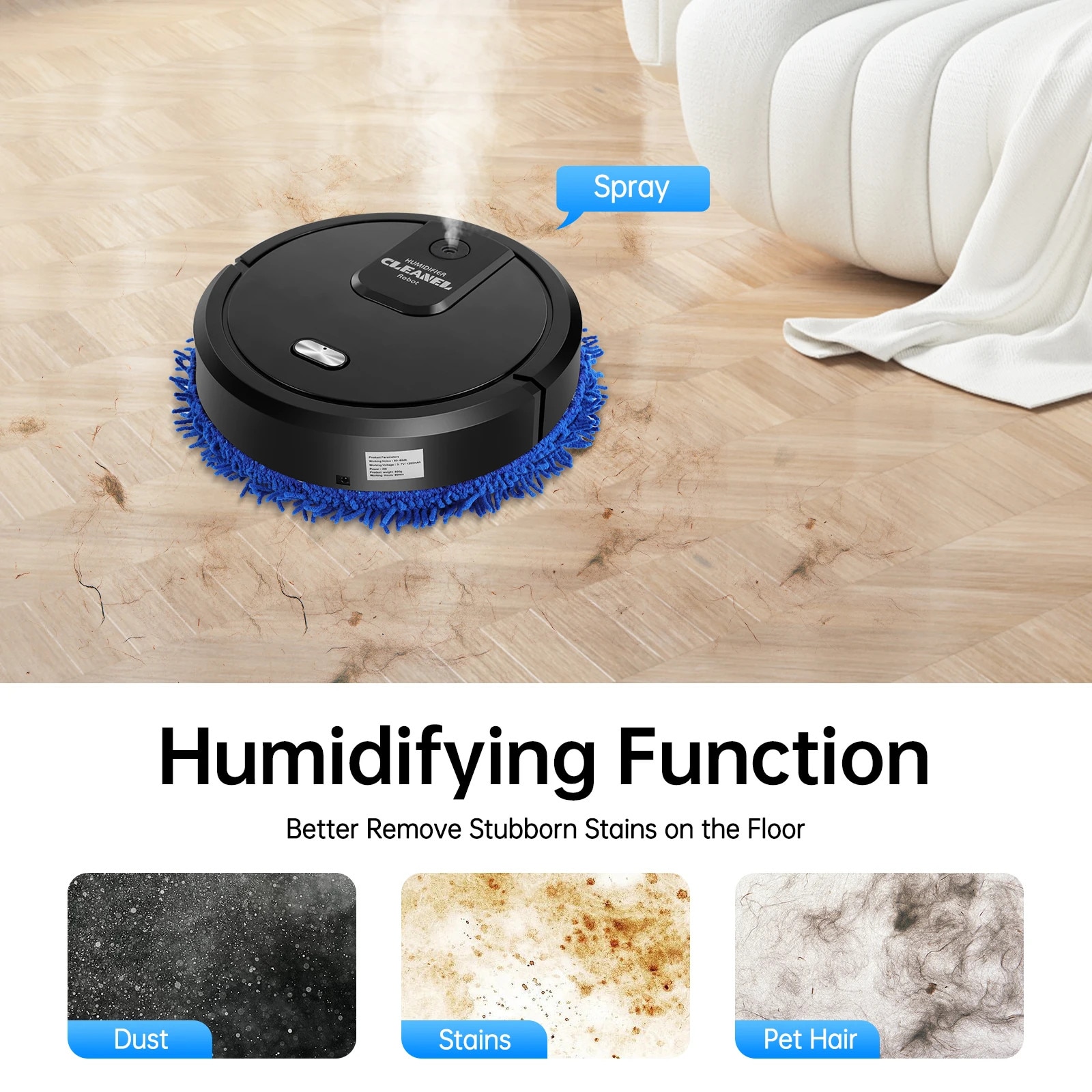 Robot aspirator cu mop, Robot de spalare si aspirare, Umed si uscat, Incarcare USB, 1200 mAh, 60 min, 60 dB, 60 m², Negru