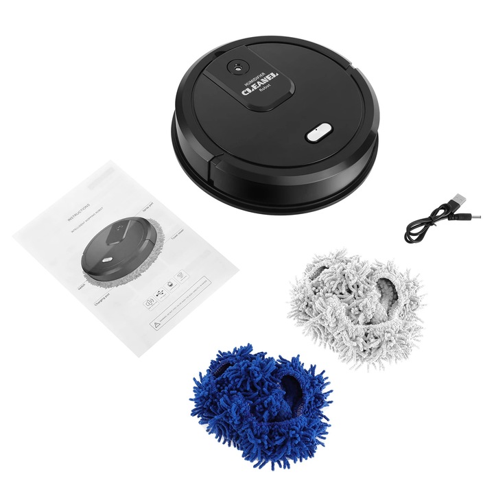 Robot aspirator cu mop, Robot de spalare si aspirare, Umed si uscat, Incarcare USB, 1200 mAh, 60 min, 60 dB, 60 m², Negru
