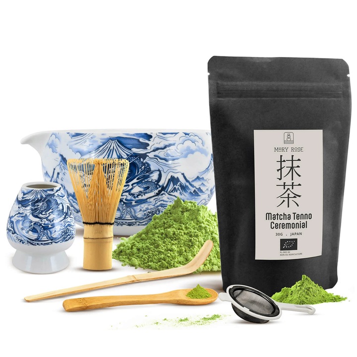 Set Ceai Matcha BIO Ceremonial Mary Rose Tenno, Bol Ceramic Alb cu Dragon 350 ml, Suport Mioteala, Lingurita, Sita Furui, 30 g