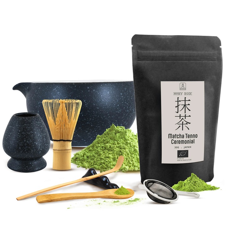 Set Ceai Matcha Ceremonial Mary Rose Tenno, Bol Ceramic Gri Închis 470ml, Suport Chasen și Accesorii, 30g