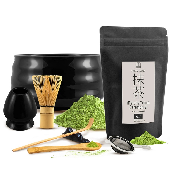 Set Ceai Matcha Ceremonial Mary Rose Tenno, 1x30g, Bol Ceramic Negru 500ml, Suport Chasen, Sita Metalica, Lingurita Lemn