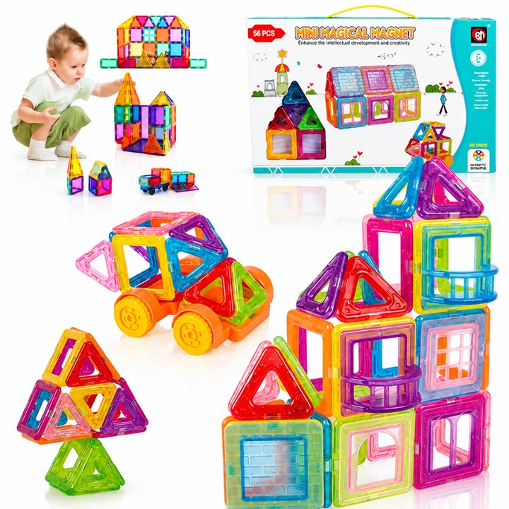 Set 56 piese constructie magnetica Macvi®, joc educativ copii 3 ani+, blocuri magnetice multicolor, dezvolta creativitatea, logica, motricitate