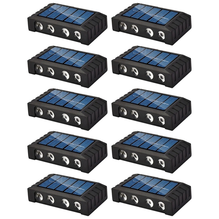 10 db NEXTLY kültéri napelemes lámpa szett, 8 LED, meleg fény, fényérzékelő, vízálló, falra/kerítésre szerelhető tiplikkel/ragasztóval, 10x5.5x2.5cm, fekete