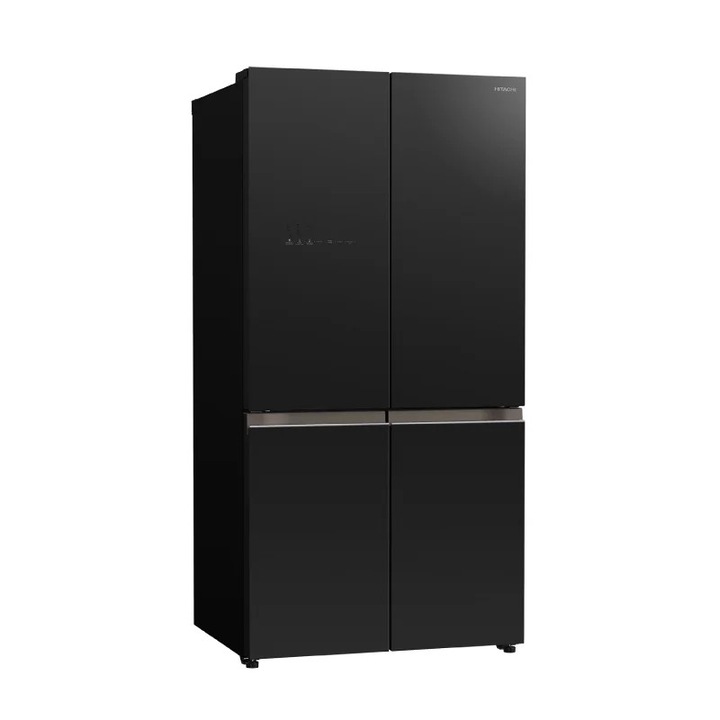 Frigider side by side cu 4 usi din sticla Hitachi, Total No Frost, 569 litri, H 184 cm, tehnologie Inverter, usa cu deschidere automata, compartiment vidare alimente 6 litri, compartiment legume/fructe, dispenser cuburi de gheata, negru