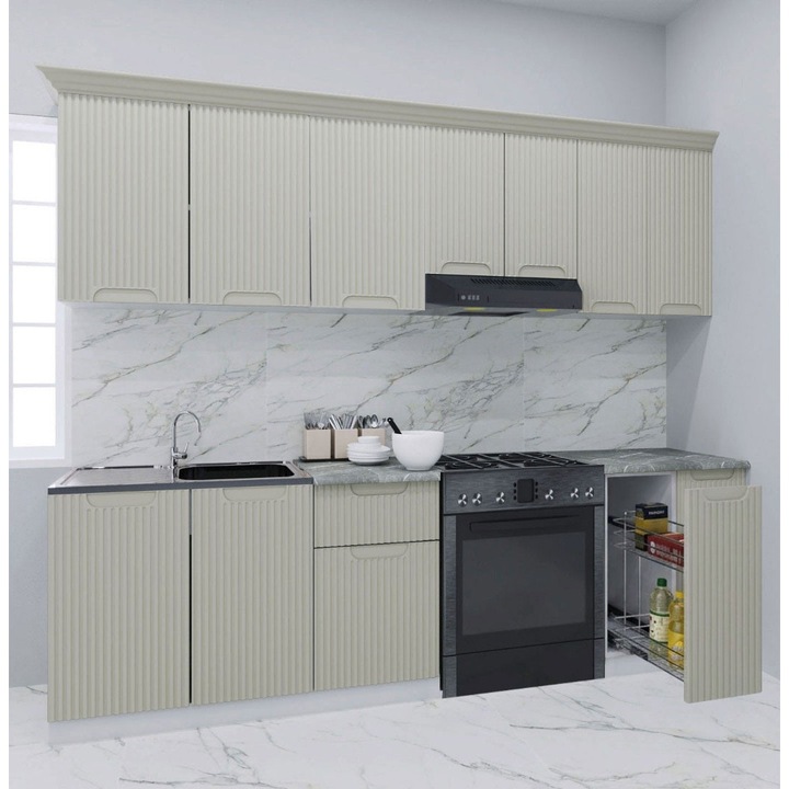 Set mobilier de bucatarie cu soft-close si fronturi MDF, Badenmob, seria Space, Corp Jolly, 240cm, Crem