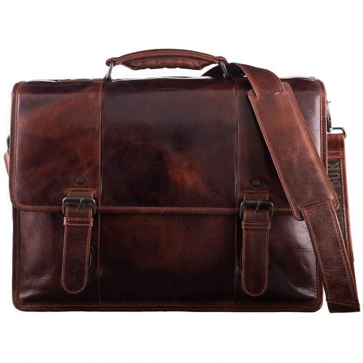 Geanta umar barbati piele naturala maro 41.5 x 30.5 x 15.0 cm, Rugged, Greenburry