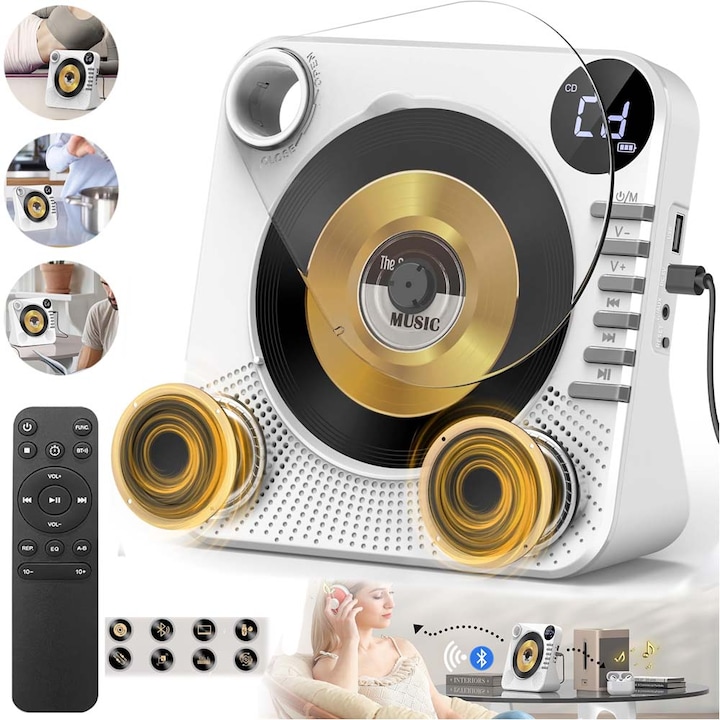 CD Player Portabil Multifunctional, Bluetooth, Ecran LCD, telecomanda, functie temporizator.4000mAh,5V, Reincarcabila, USB/AUX, mufa pentru casti de 3,5 mm.CD/CD-R/CD-RW/MP3/WMA.design capac de praf, cat si in aer liber.Cadoul perfect de sarbatori, Alb