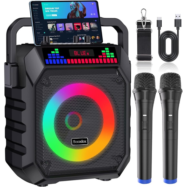 Преносима караоке тонколона Socodox, 2 безжични микрофона, Bluetooth, RGB светлини, 20W, черна, 4.4кг
