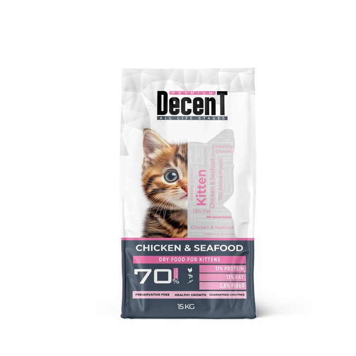 DecenT Kitten Healthy Growth, száraztáp csirkével és tenger gyümölcseivel kölyökcicáknak, 6 kg