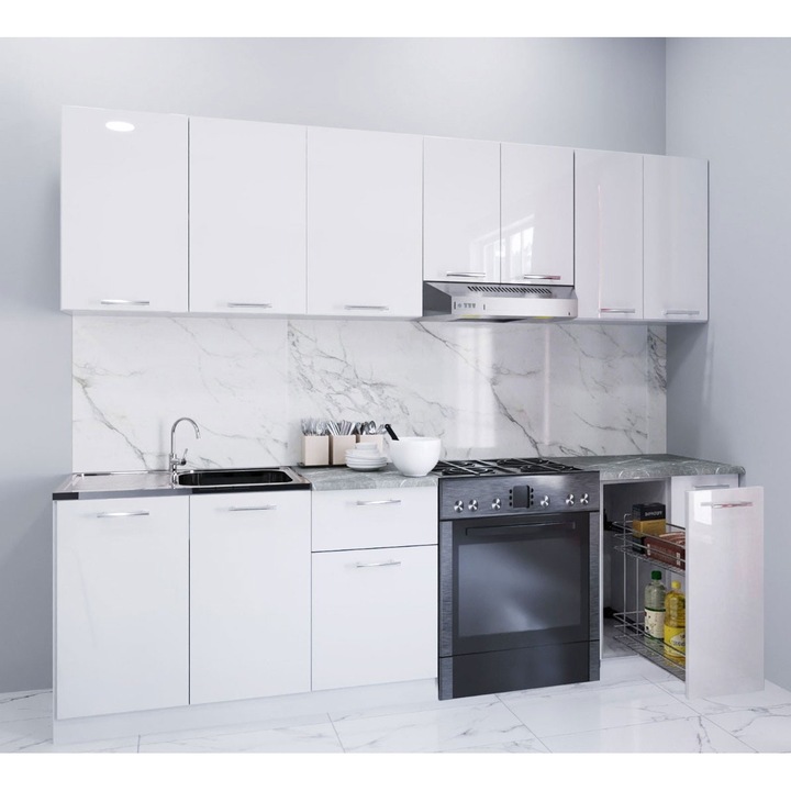 Set mobilier de bucatarie cu soft-close si fronturi MDF, Badenmob, seria Iris, 240cm, Corp Jolly, vopsit ultralucios, Alb