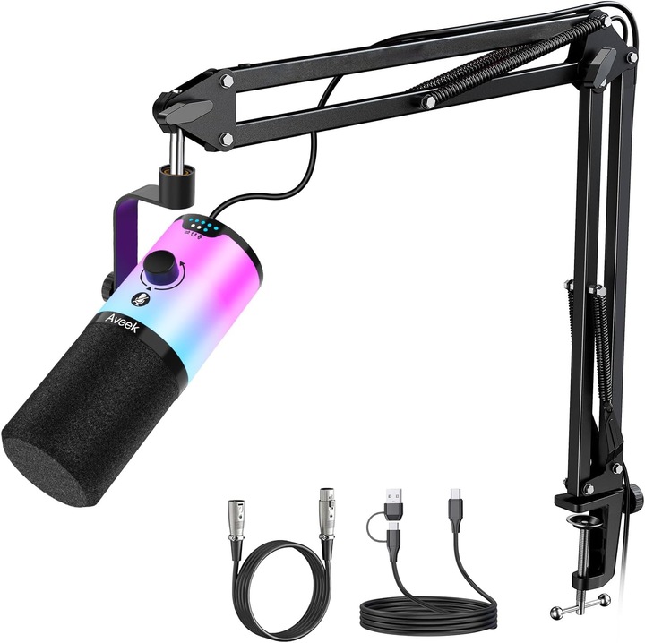 Aveek dinamikus mikrofon állítható RGB USB XLR karral streaminghez, podcasthoz, fekete