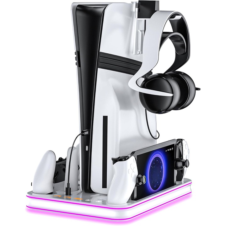 Többfunkciós töltőállomás, BYONDSELF®, PS5 & PS5 Slim konzolhoz, Mágneses PS Portal & 2 kontroller töltés, Aktív hűtőrendszer, RGB világítás & Fejhallgató tartó, Szürke