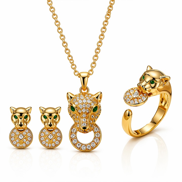 Set de bijuterii cu model leopard, 3 piese: colier, cercei si inel reglabil, placat cu aur de 18K, decorat cu cristale stralucitoare si ochi din pietre verzi, cadou pentru femei
