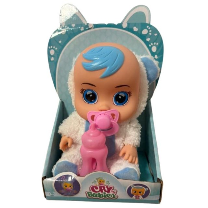 Бебе Cry Babies, синьо, с аксесоар шише и залъгалка, 30 см