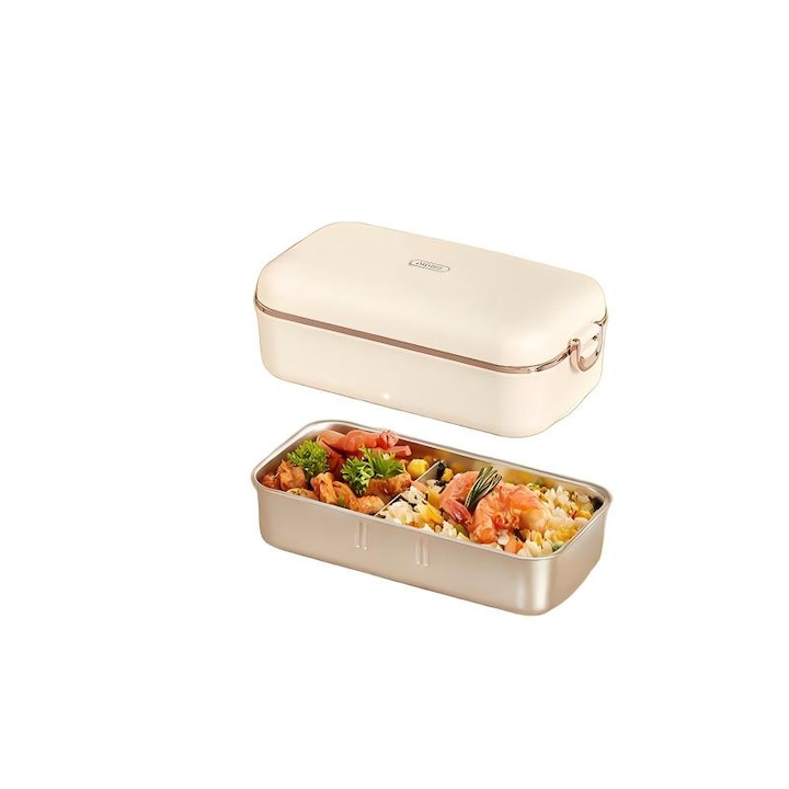 Cutie pentru pranz, portabila, Premium, cu incalzire electrica, 900 ml, container detasabil din otel inoxidabil 304, culoare bej