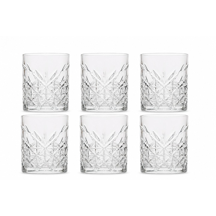 Set 6 pahare sticla Delisoga, Design elegant, Rezistente si usor de intretinut, Ideal pentru whisky, suc, apa, 340ml, Transparent