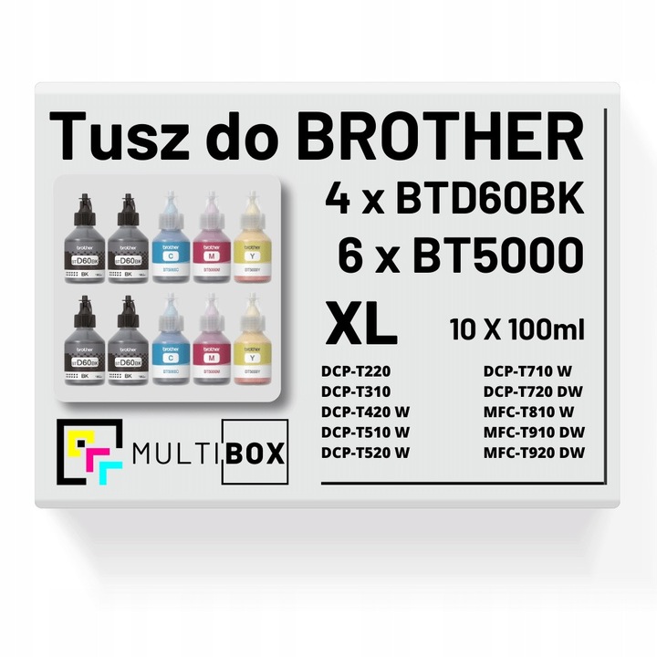 10 db XL tintapatron készlet Multibox BROTHER BTD60BK BT5000-hez, 100ml, cián, magenta, sárga, fekete