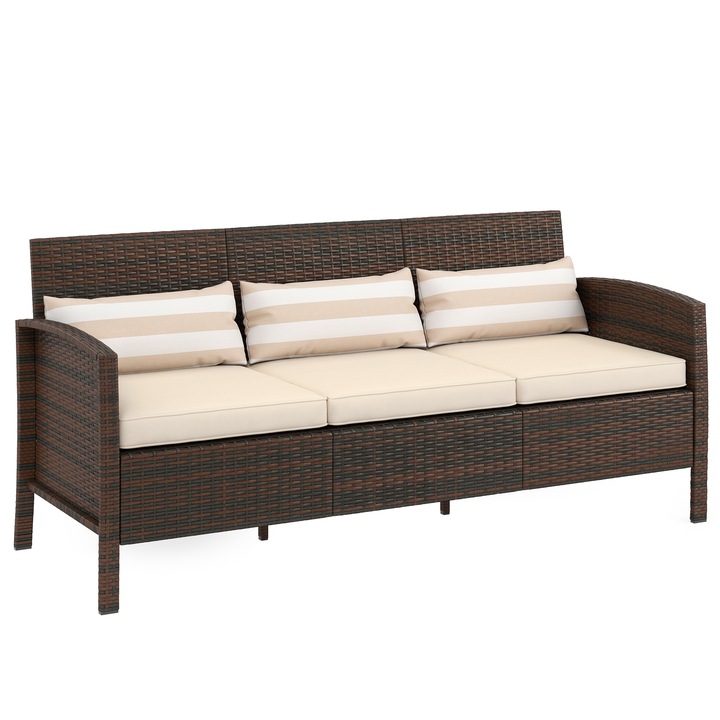 Canapea din ratan cu trei locuri, Outsunny, Otel, Ratan PE, 173cm x 68cm x 78cm, Maro