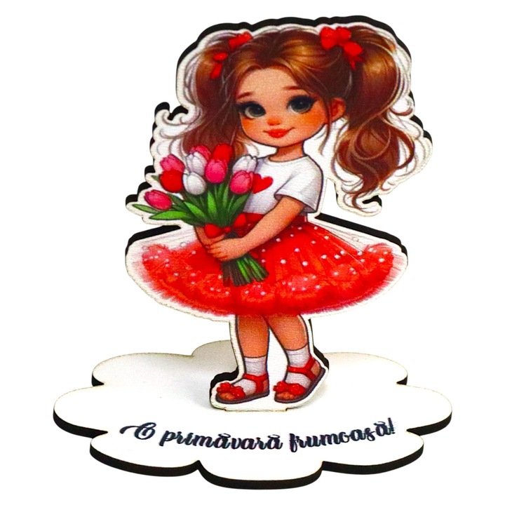 Baza decorativă flori, lemn, 10x8cm, mesaj "O primăvară frumoasă", cadou personalizat