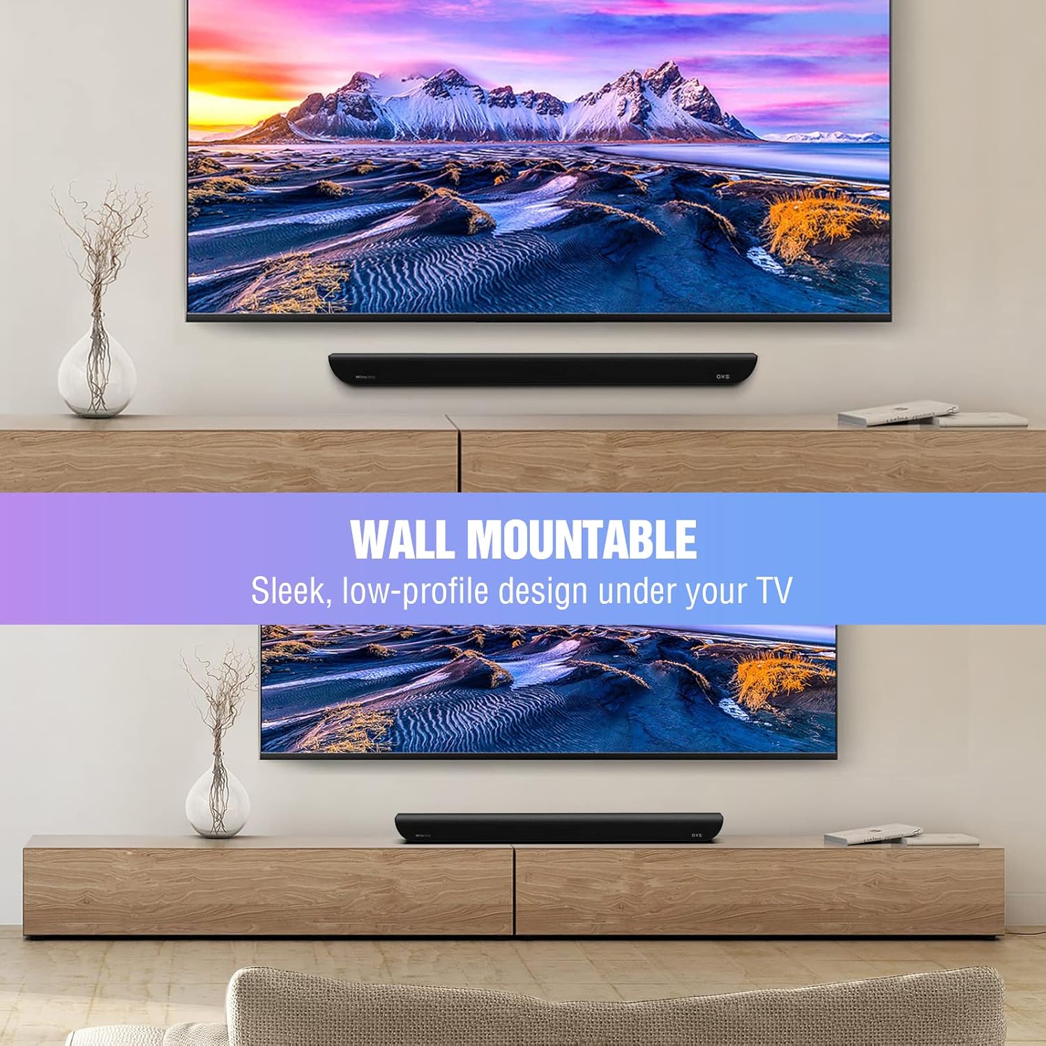 OXS S5 – soundbar 3.1.2 canale cu Dolby Atmos, subwoofer integrat, bas flexibil, imbunatatire a dialogului, Bluetooth 5.0 si conectivitate HDMI eARC, 5 moduri EQ, suport 4K HDR passthrough, sistem audio pentru home cinema