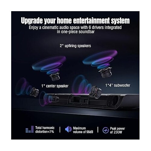 OXS S5 – soundbar 3.1.2 canale cu Dolby Atmos, subwoofer integrat, bas flexibil, imbunatatire a dialogului, Bluetooth 5.0 si conectivitate HDMI eARC, 5 moduri EQ, suport 4K HDR passthrough, sistem audio pentru home cinema