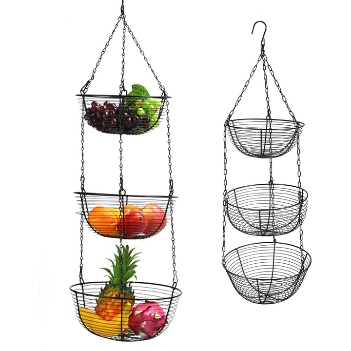 Cos fructe 3 niveluri, suport fructe de masa si suspendat, cos depozitare metal, pentru bucatarie si baie, 29×84 cm