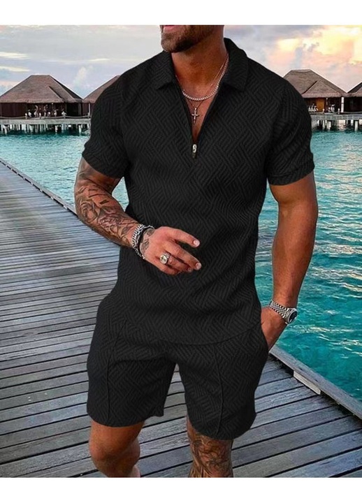 Set casual barbati, camasa cu maneca scurta si pantaloni scurti, negru, doua piese, L INTL