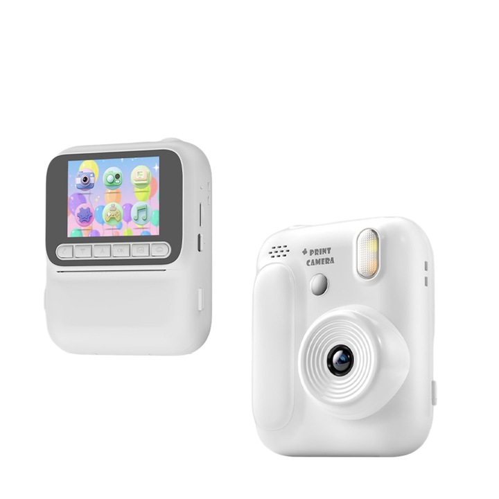 Aparat foto digital compact ORBER 48 Mpx, zoom 3x, alb, set complet cu card 64 GB și 4 role hârtie foto