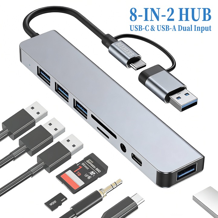 USB-C elosztó 8 az 2-ben Beeherb, 5Gbps USB 3.0, SD/TF kártyaolvasó, Fém szürke
