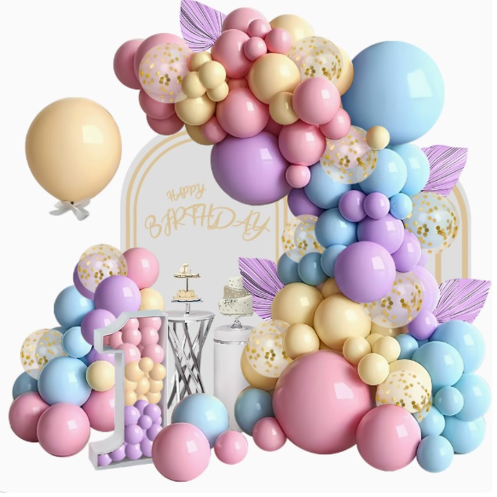 Set Baloane Decoratiuni Petrecere OLOEY®, 97 arcade de baloane pastelate in roz, galben, violet si albastru - Set arcade de baloane in culorile macaron cu baloane cu paiete aurii, invelite in carton, include lipici si panglica