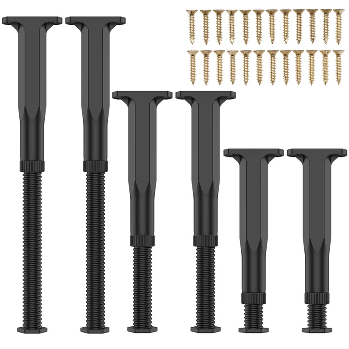 6 db Bútorláb Készlet, BYONDSELF®, Állítható, 18-34CM, Ágykerethez, Ágyközépgerendához, Kanapékhoz, Szekrényekhez, Darabonkénti Terhelhetőség 250 KG, Rögzítőcsavarokkal, Fekete