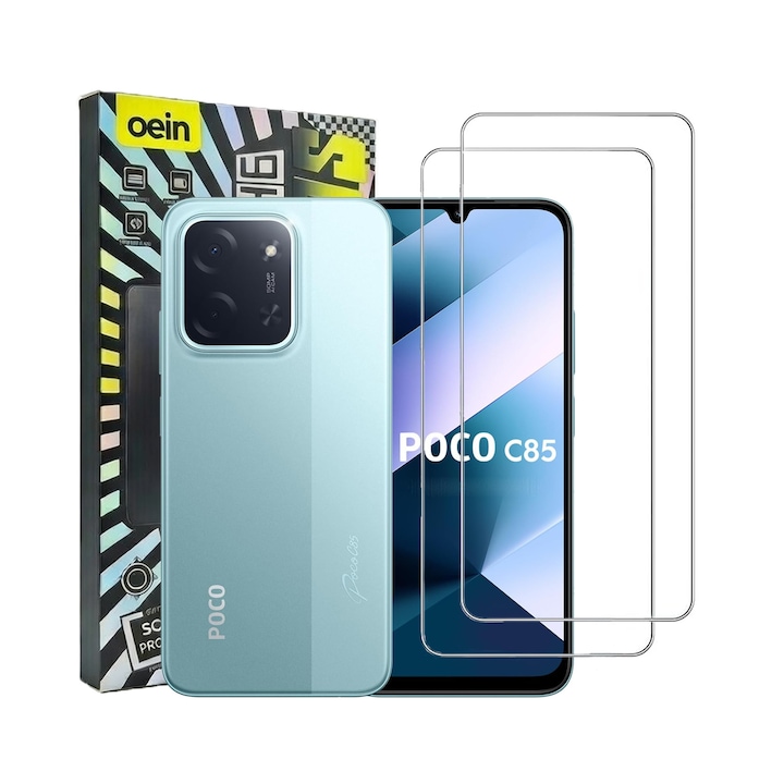 Set 2 Folie Sticla pentru Poco C85 Oein® – Sticla Securizata 9H+, Claritate Super HD, Tratament Oleofob Electronic, Anti-Amprenta, Sensibilitate Touch Avansata, Acoperire Completa Compatibila cu Husa