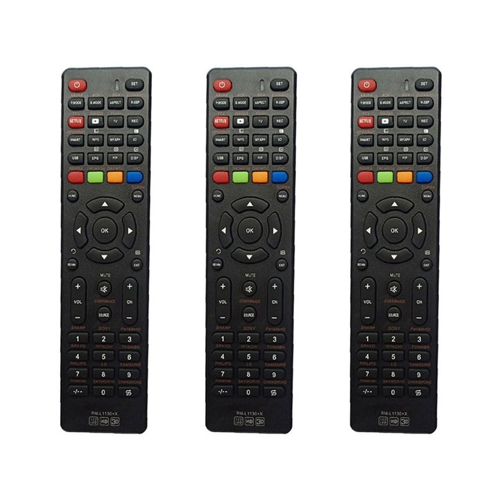 Set 3 Telecomenzi Universale Rm-L1130, pentru TV Akira, AOC, BBK, Elenbreg, Openbox, Thomson, Daewoo, Negru, 17,5x4,4x1,8cm