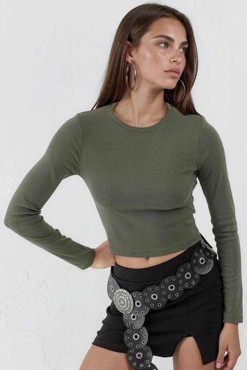Bluza dama, Busem, Kaki, Bumbac/Elastan, Guler rotund