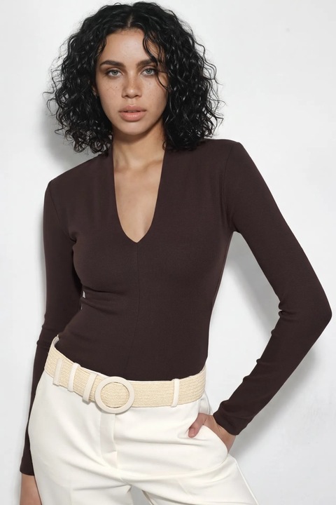 Bluza dama, Busem, Maro, Bumbac/Elastan, Decolteu in V, Slim fit