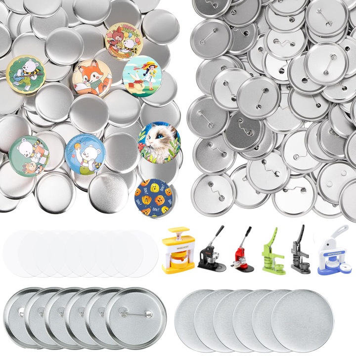 100 db jelvénykészlet, Swejah, 58 mm, fém, fém tokkal, hátlappal és átlátszó fóliával (összesen 300 db), gombkészítő géphez, barkácsoláshoz, ezüst