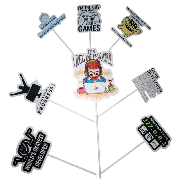 Decoratiune topper tort carton, tematica game developer, aniversare - 8 piese
