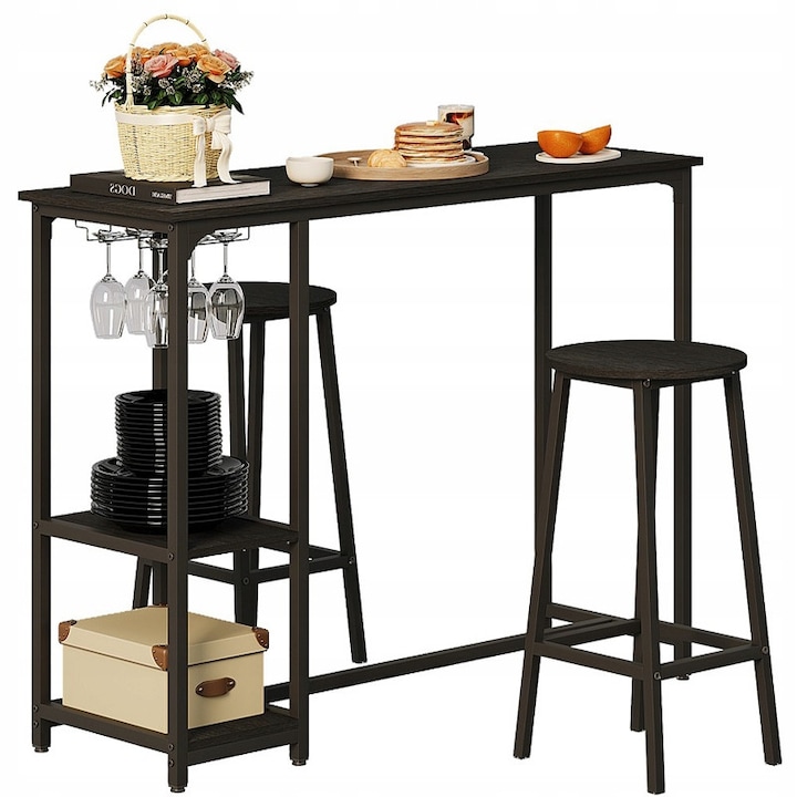 Set Masa + Scaune de Bar Negre cu 2 Scaune, Stil Loft Modern, Muvu