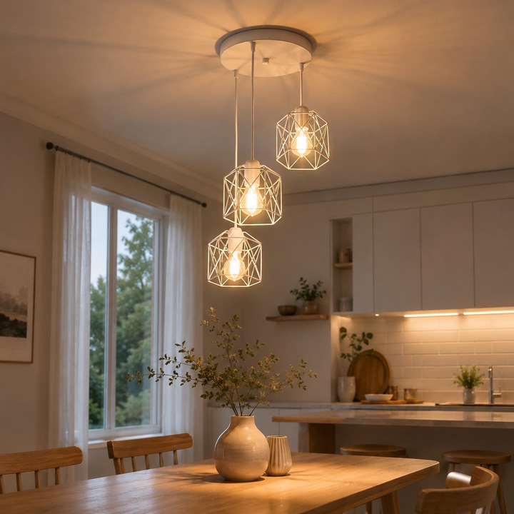 Lustra Vintage, Goeco, Alb, 3 Capete, E27, Fier, Baza rotunda, Fir de pandantiv 1.3m (reglabil), Candelabru, lampa moderna, Usor de instalat, Rezistent la coroziune, Prevenirea ruginii